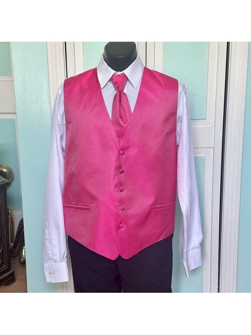 Fuchsia Hot Pink Herringbone Satin Closed Back Vest Wedding Prom Men’s XL Tie